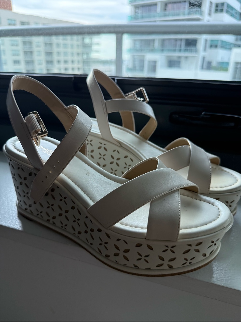 Michael Kors White Wedge Sandals with Cutout Platform